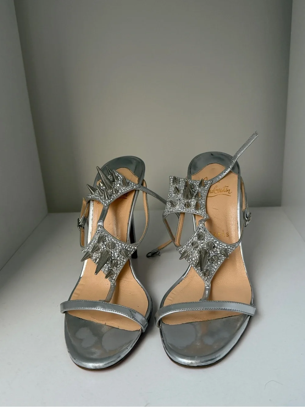 Christian Louboutin Silver Spike Lady Max Heels 37.5